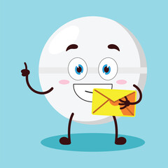 cute happy expression of drug tablet cartoon character bring envelope letter