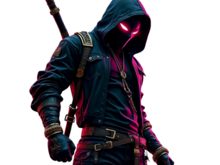 Mysterious figure in dark clothing with pink glowing eyes stands confidently in front of a transparent background 