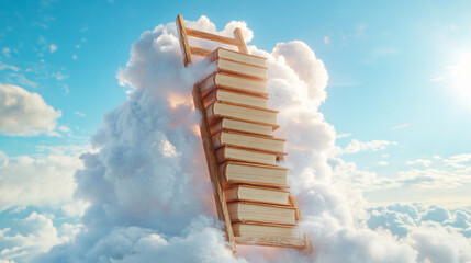 Ladder Made of Books Leading Into a Bright Sky Above Soft Clouds Representing Knowledge and Aspiration
