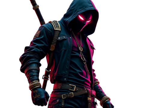 Mysterious figure in dark clothing with pink glowing eyes stands confidently in front of a transparent background 