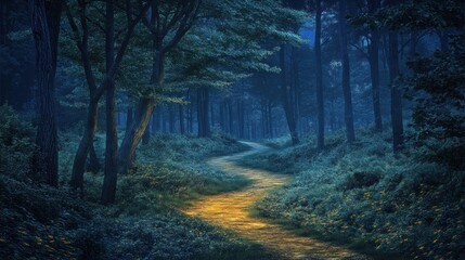 Obraz premium Enchanted Forest Path at Night: A Mystical Journey