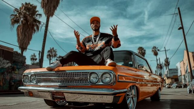 Rapper rapping on a classic low rider car