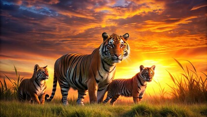 Majestic Tiger Silhouette: Mother & Cubs at Sunset - Wildlife Photography
