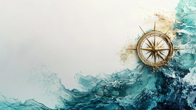Golden compass on stormy sea watercolor background. Generative ai