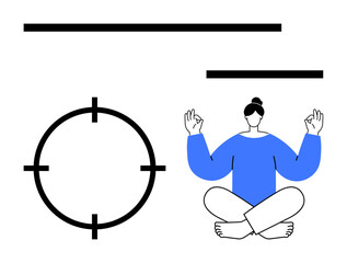 Person sitting cross-legged and meditating with a target and horizontal lines. Ideal for themes of mindfulness, relaxation, balance, self-improvement, mental focus, stress relief, meditation. Line