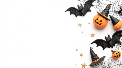 Halloween flatlay with pumpkins, bats, witch hats, and cobwebs on white background. Generative ai
