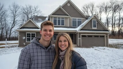 Happy new homeowner couple smiling in front of a house