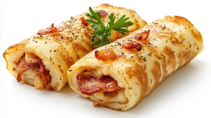 Pancake rolls stuffed with pieces of fried bacon meat  on a white background, isolated
