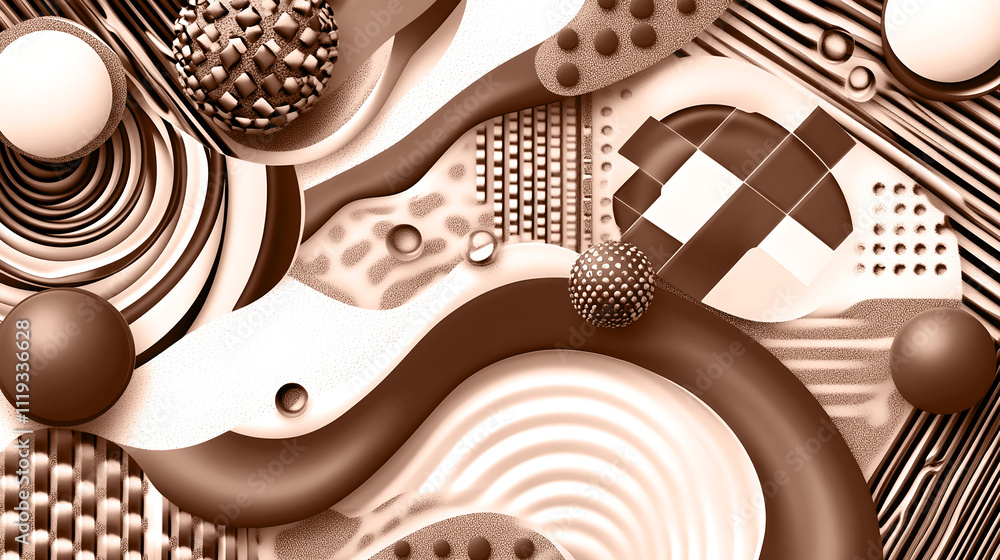 Poster abstract composition of geometric shapes, textures, and patterns in mocha mousse tones, featuring sp