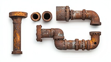 Very old rusty pieces of drainage pipes on a white background, isolated