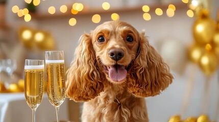 Cute Dog Celebrating with Champagne Flutes at a Festive Party, Surrounded by Golden Decorations and Warm Ambient Lights