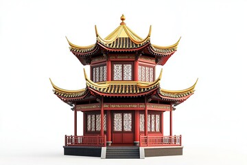 Obraz premium Side view of a traditional Chinese pagoda with bold red walls and golden accents, detailed with intricate patterns.