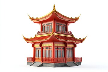 Fototapeta premium Side view of a traditional Chinese pagoda with bold red walls and golden accents, detailed with intricate patterns.