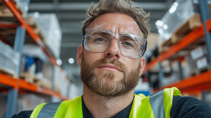 Man Wearing Safety Glasses and a High-Visibility Vest Poses for a Selfie in a Warehouse Filled With Items on Shelves During Daylight Hours