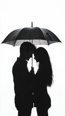 Silhouette of a couple sharing an umbrella, their heads touching slightly.