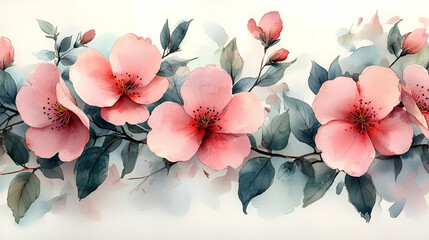A beautiful watercolor painting of soft pink flowers and green leaves, creating a serene and delicate floral arrangement.