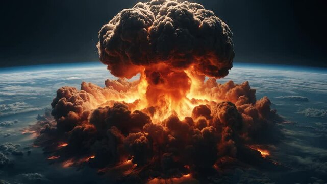 Huge nuclear bomb explosion on surface of planet Earth viewed from space