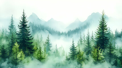 Fototapeta premium A serene forest landscape with misty mountains in the background, showcasing lush trees and a tranquil atmosphere.