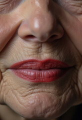 Obraz premium Elderly caucasian woman's wrinkled face with red lipstick close-up