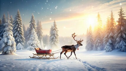 Minimalist Reindeer Sleigh Ride: Winter Forest Scene, White Background