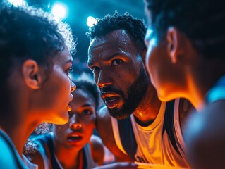 Intense coach huddles with his female basketball team during a time out.