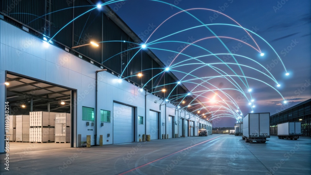 Poster inventory management system and report concept. warehouse at night with illuminated network connecti