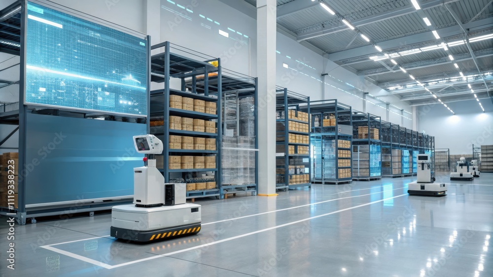 Poster inventory management system and report concept. automated robots in a modern warehouse environment.