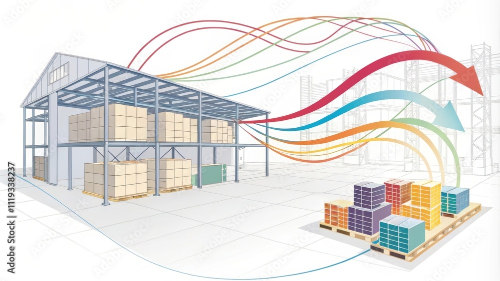 Aufkleber inventory management system and report concept. warehouse logistics with colorful flow lines illustr