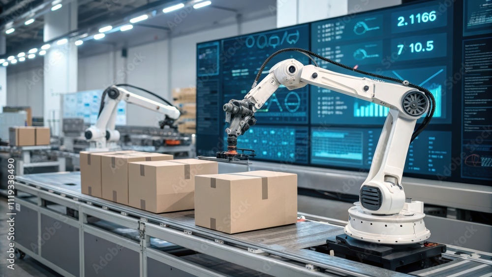 Aufkleber inventory management system and report concept. automated robot arm working in a packaging facility.