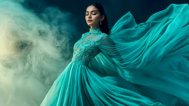 Indian Model in a Flowing Teal Gown, Surrounded by a Mystical Cloud of Stars and Light, Symbolizing Grace