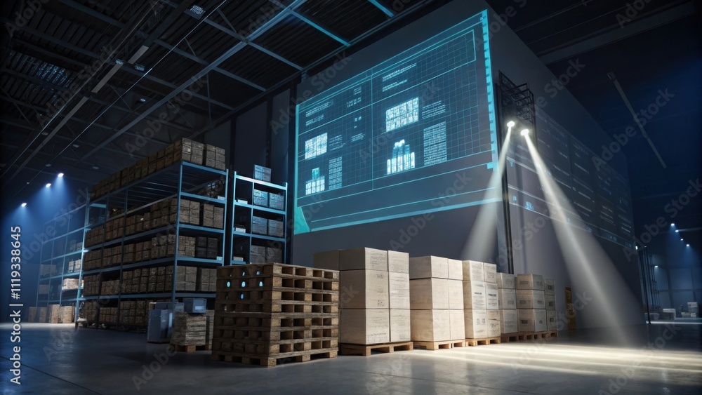 Poster inventory management system and report concept. warehouse with digital projection and stacked pallet