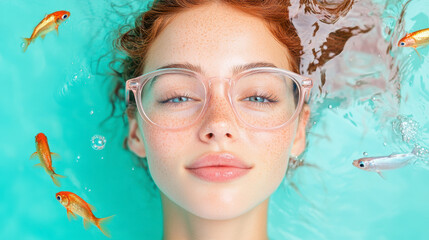 Woman in Clear Water Surrounded by Goldfish, Showcasing Relaxed Expression and Vintage Glasses in a Serene Aquatic Environment
