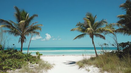 Obraz premium Scenic view of a tropical beach with white sand, turquoise water, and palm trees under a clear blue sky