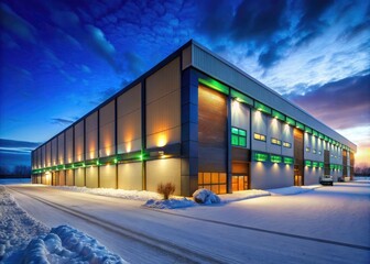 Fototapeta premium Modern Warehouse Night Photography, Winter Industrial Scene, Low Light Images, Dark Warehouse Exterior, Nighttime Building