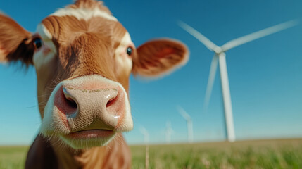 Cow in a Green Pasture With Wind Turbines in the Background Under Clear Blue Sky During a Sunny Day