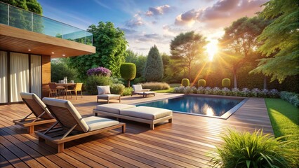 Obraz premium Modern Wooden Terrace Design: Outdoor Furniture, Swimming Pool, Garden, High Depth of Field