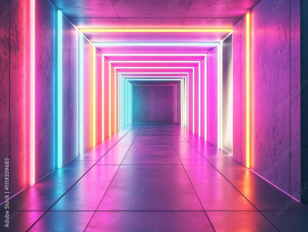 Poster futuristic corridor with neon lights and reflective floor. 3d rendering, generative ai