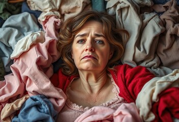 Obraz premium Stressed woman sits buried in a mountain of wrinkled clothes waiting to be ironed