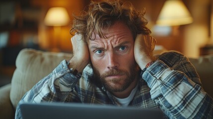 Obraz premium A stressed man with messy hair sits on a couch, covering his ears while looking at a laptop.