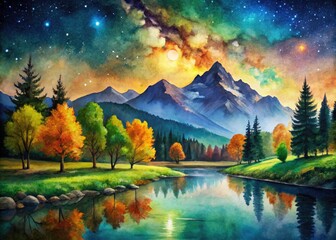 Fototapeta premium Night Watercolor Mountains River Landscape Painting, Colorful Trees, Artistic Night Scene, Digital Art