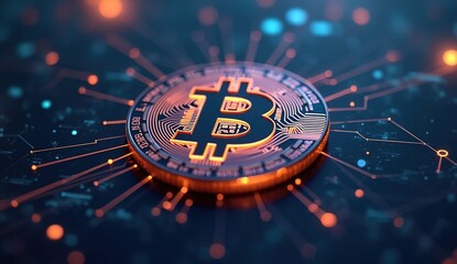 Bitcoin blockchain cryptocurrency mining technology, digital background wallpaper banner. Generative Ai,
