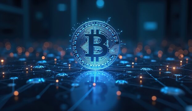 Bitcoin blockchain cryptocurrency mining technology, digital background wallpaper banner. Generative Ai,
