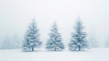 Obraz premium Three snow-covered evergreen trees stand in a misty winter landscape.
