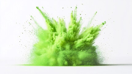 Vibrant green powder explosion on white background.