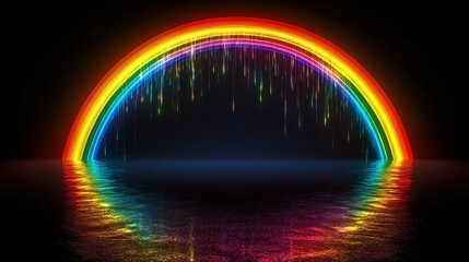 Vibrant rainbow arch with sparkling lights reflected on dark water.