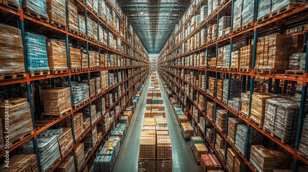 Poster extensive warehouse interior view capturing neatly stacked pallets and organized storage space to il