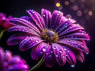 Purple Flower Dewdrops, Low Light Macro Photography, Stunning Night Bloom, AI Generated Image