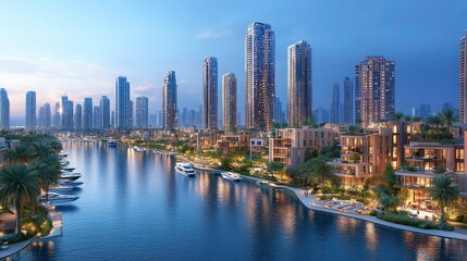 Naklejka premium Modern Cityscape at Twilight with Skyscrapers Reflecting on Scenic Waterway Surrounded by Lush Greenery and Vibrant Residential Buildings