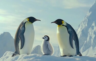 Fototapeta premium A family of emperor penguins, two adults and one baby, in the snow