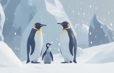 A family of emperor penguins, two adults and one baby, in the snow